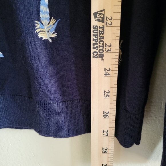 Talbots Sweater Women's XL Blue Embroidered Feathers Button Shoulder Boho - Picture 5 of 8